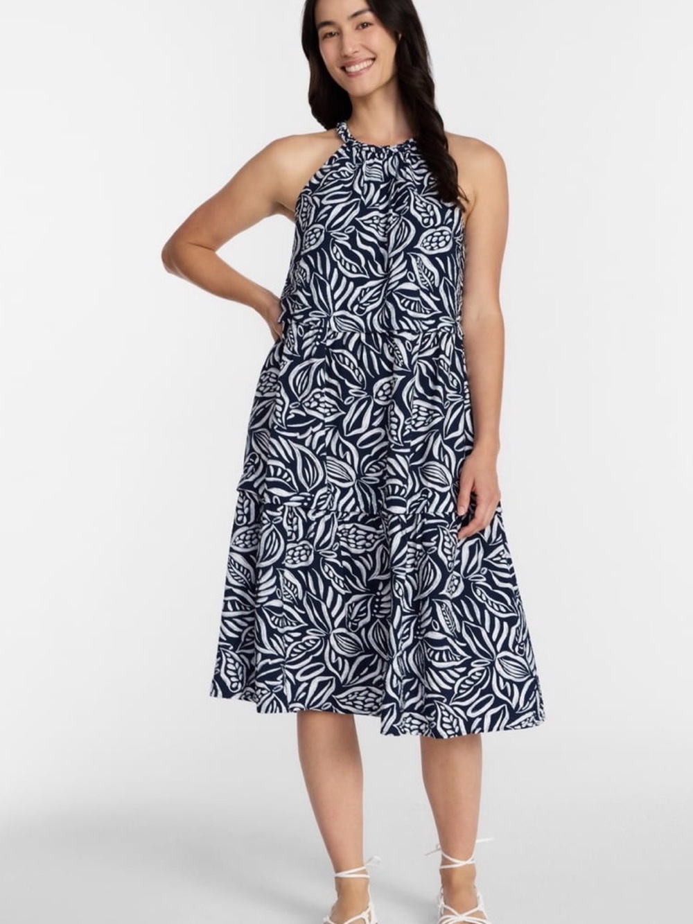 Time and Tru Navy and White Leaf-Print Halter Midi Dress - Picture 1 of 7